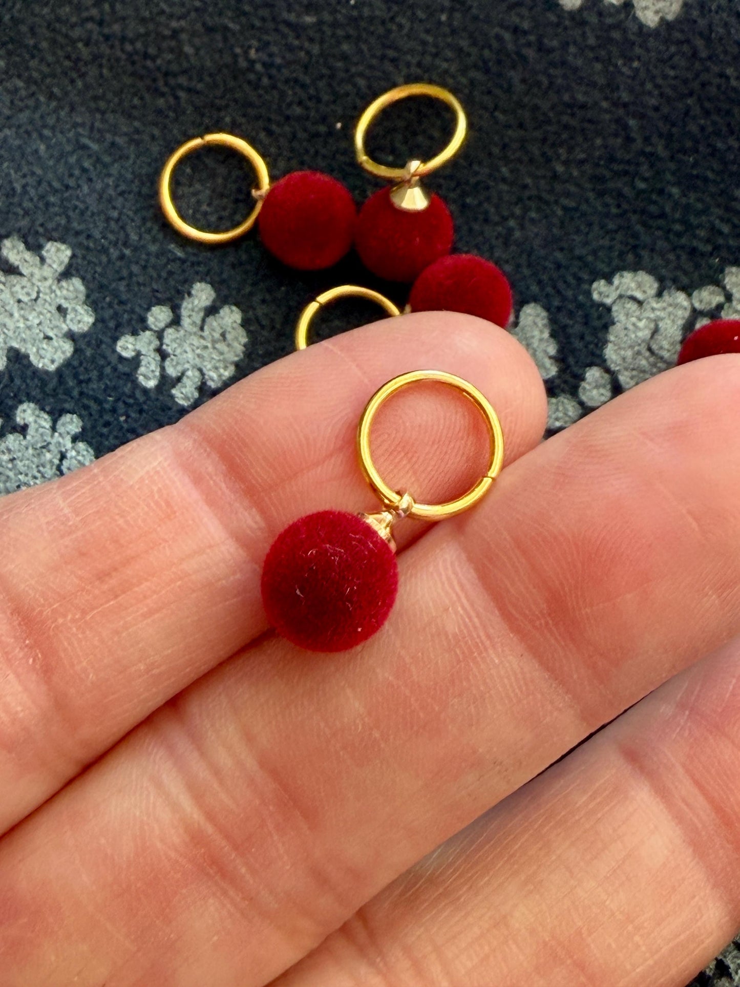 Velvet Red Puff Stitch Markers, Snag Free Knitting Accessories, Set of 6
