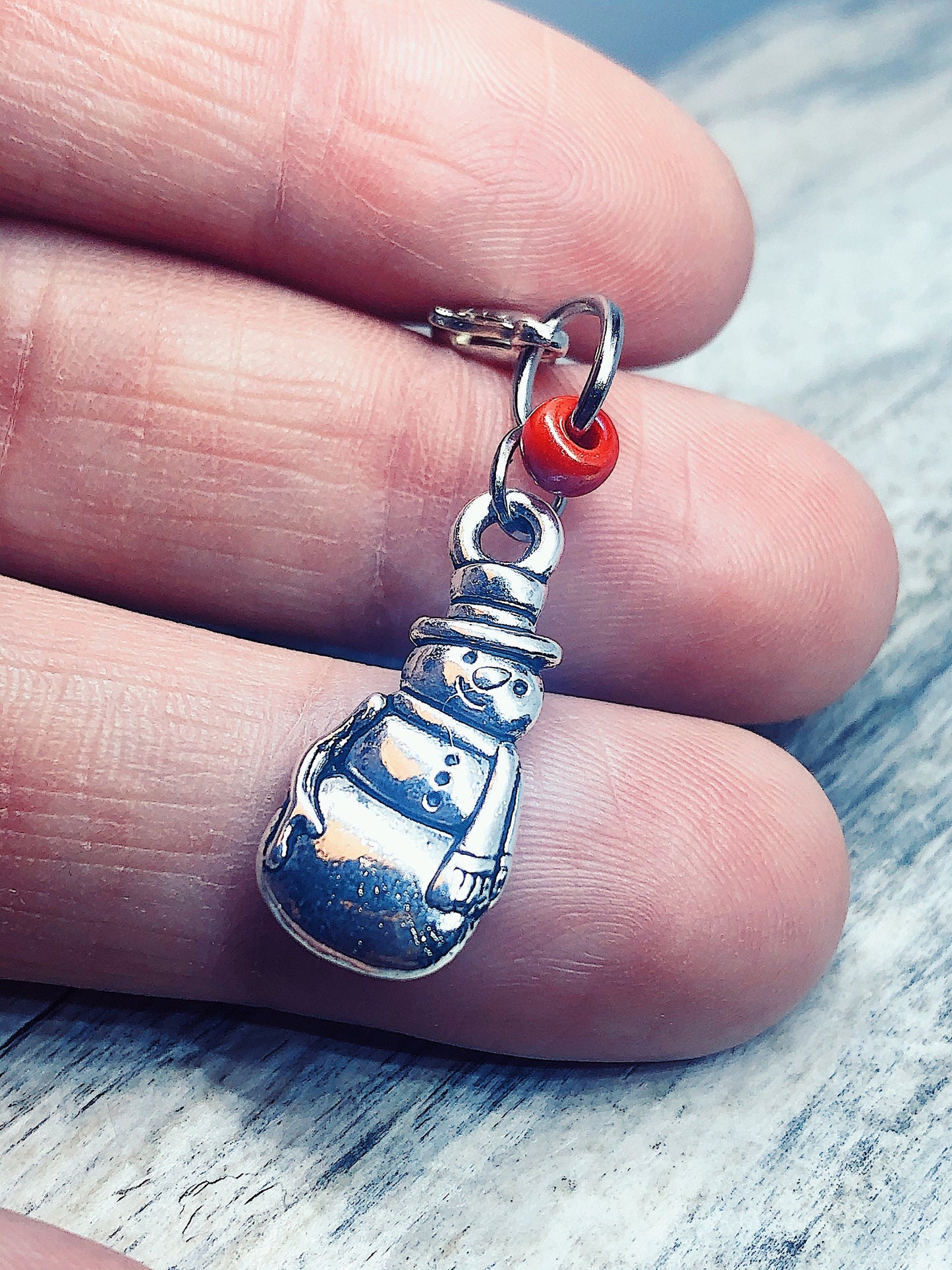 Snowman Charm Progress Keeper, Silver Stitch Marker with Clasp