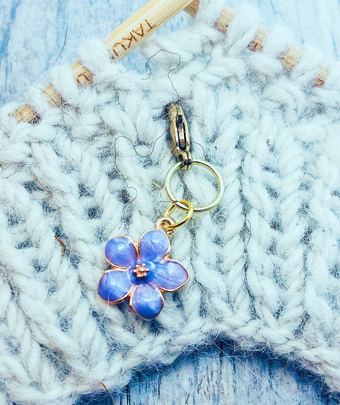 Purple Enamel Flower Stitch Marker, Gold Clasp, Knit Accessory