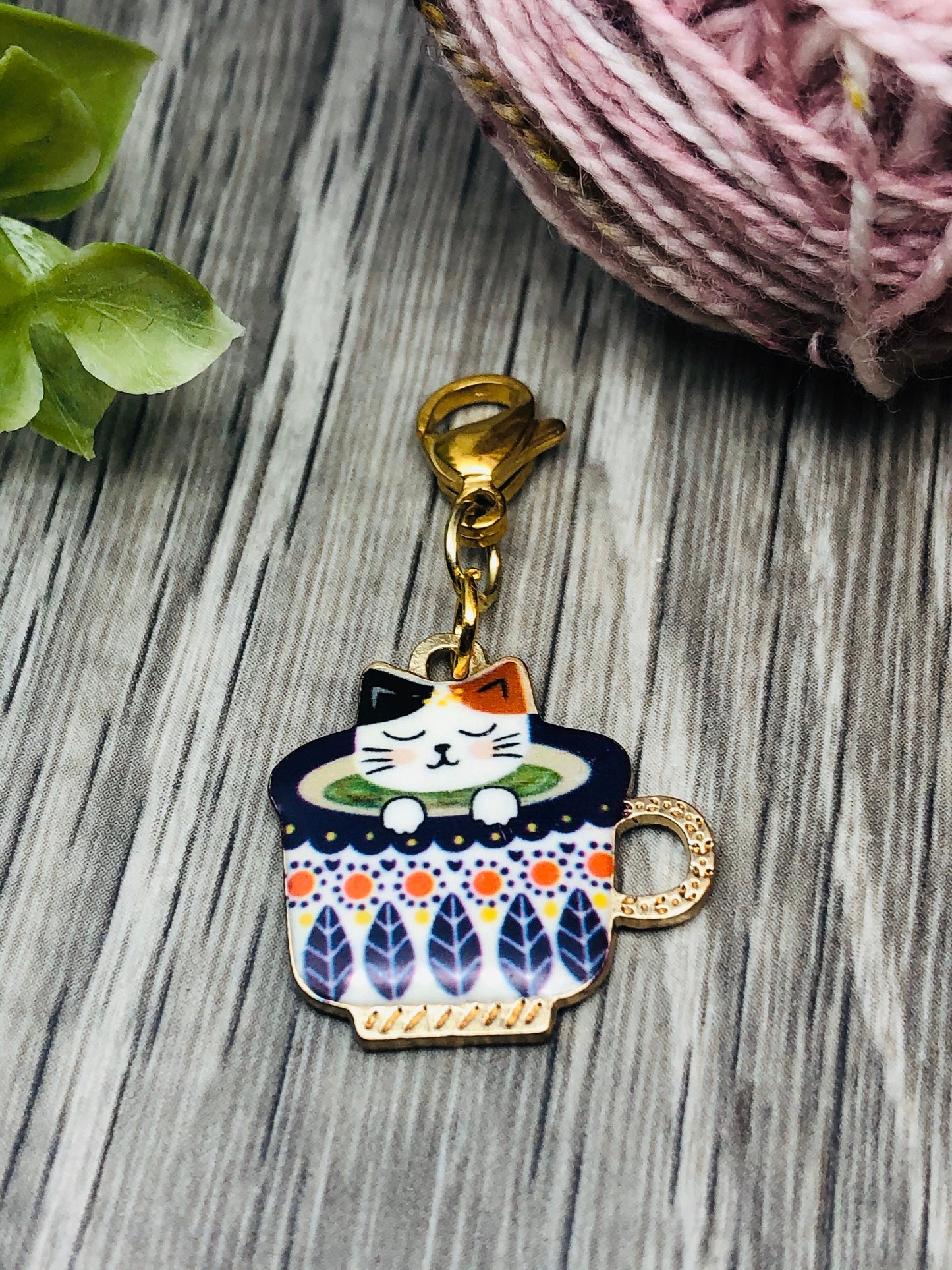 Enamel Cat Teacup Charm, Progress Keeper, Knitting Crochet Accessory