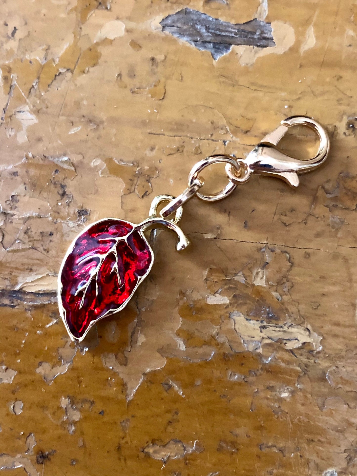 Red Fall Leaf Progress Marker, Gold Clasp, Knitting Crochet Gift