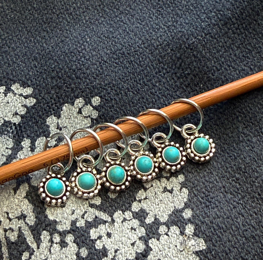 Turquoise Stitch Markers with Silver Backings | Set of 6 | Knitting Gift