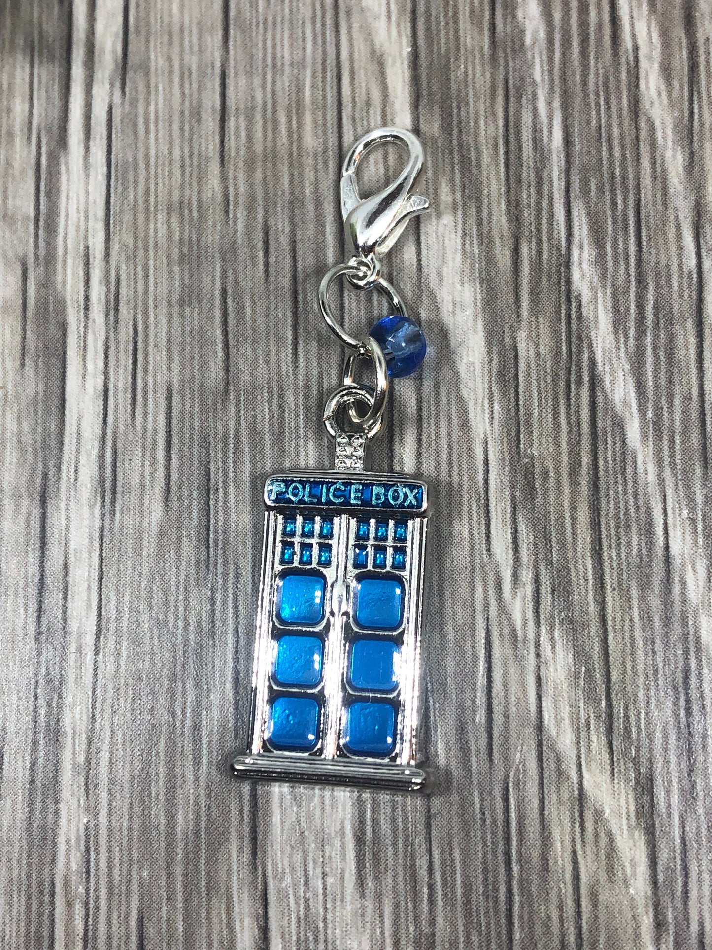 Dr Who Tardis Knitting Progress Keeper, Silver Lobster Clasp