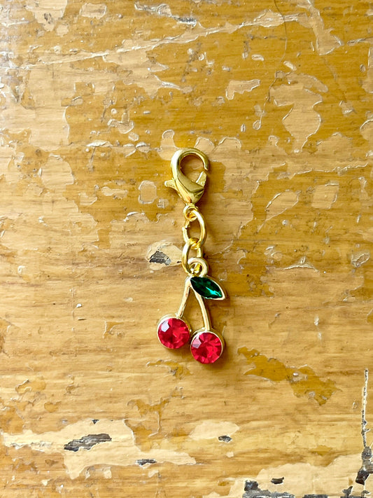 Dangling Cherries Knitting Progress Marker, Zipper Pull