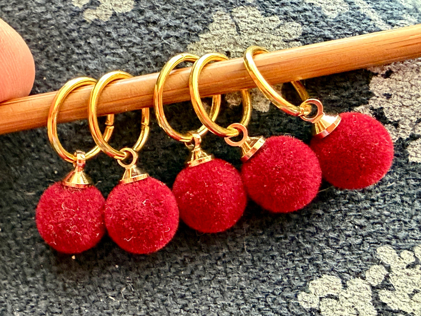 Velvet Red Puff Stitch Markers, Snag Free Knitting Accessories, Set of 6