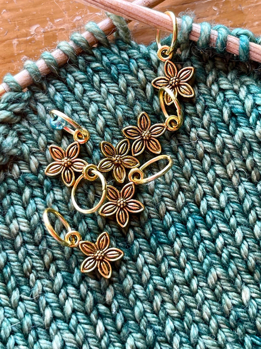 Antique Gold Flower Stitch Markers, Knitting Accessories, Set of 6