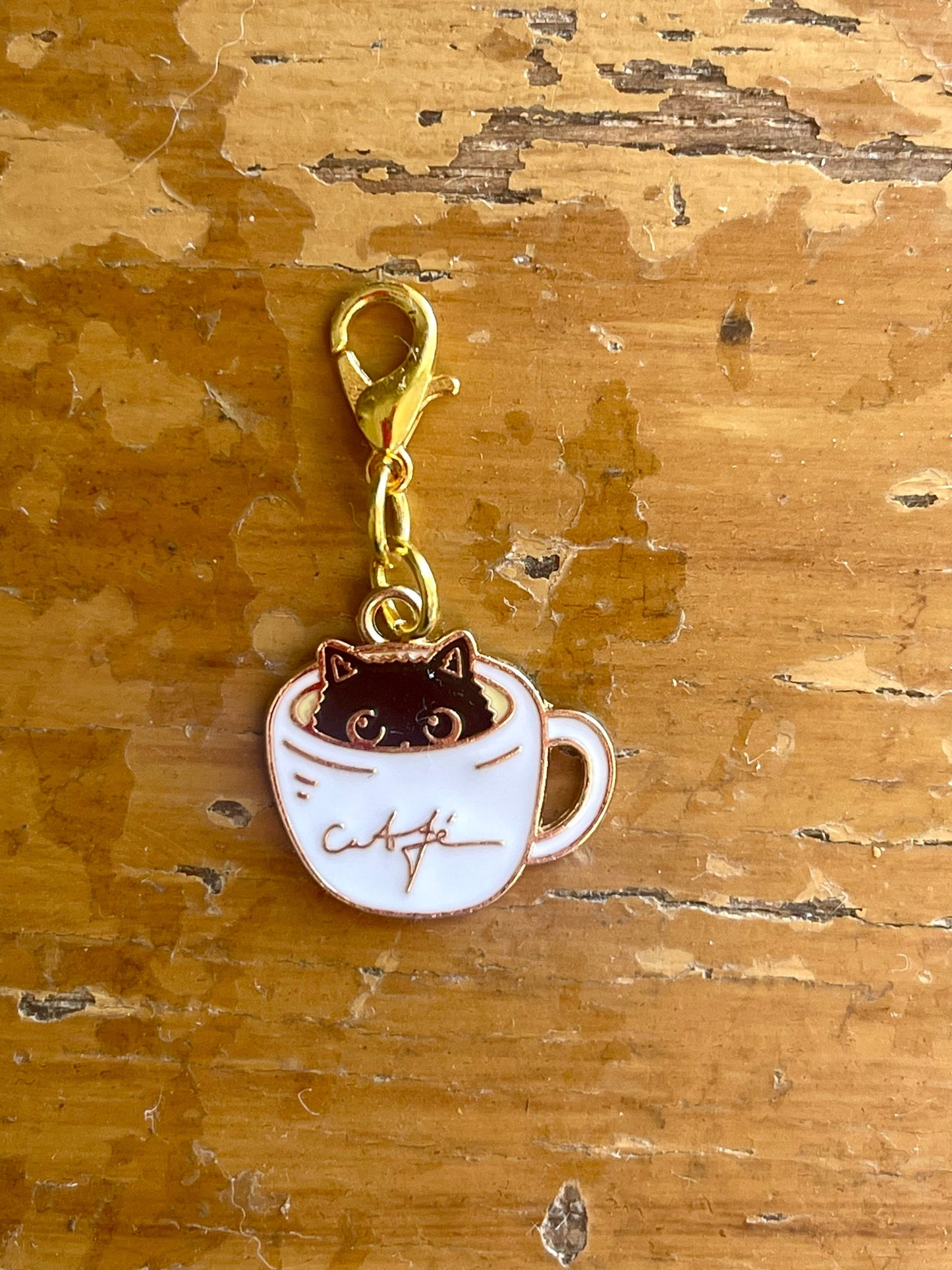 Cat Coffee Mug Zipper Pull, Knitting Crochet Stitch Marker