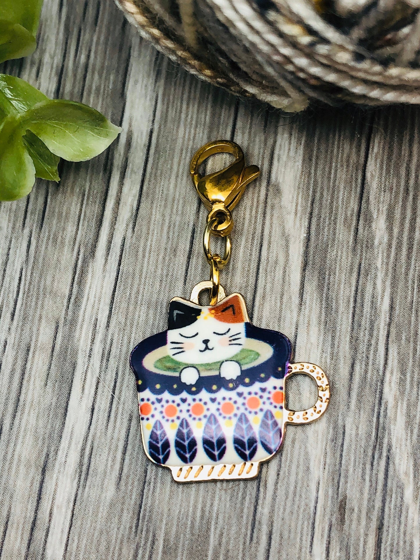 Enamel Cat Teacup Charm, Progress Keeper, Knitting Crochet Accessory