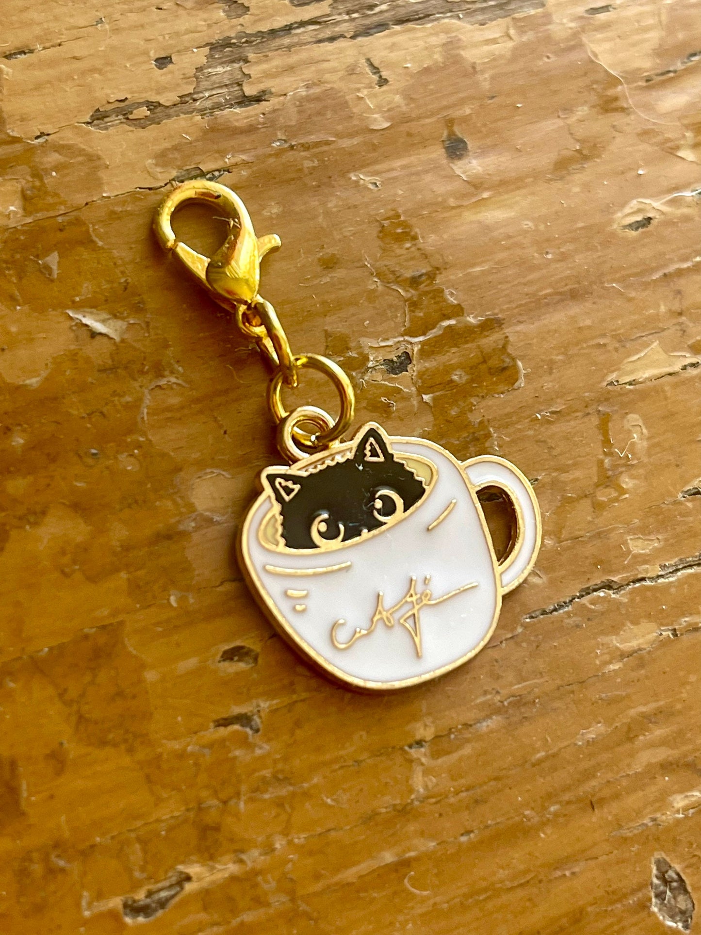 Cat Coffee Mug Zipper Pull, Knitting Crochet Stitch Marker