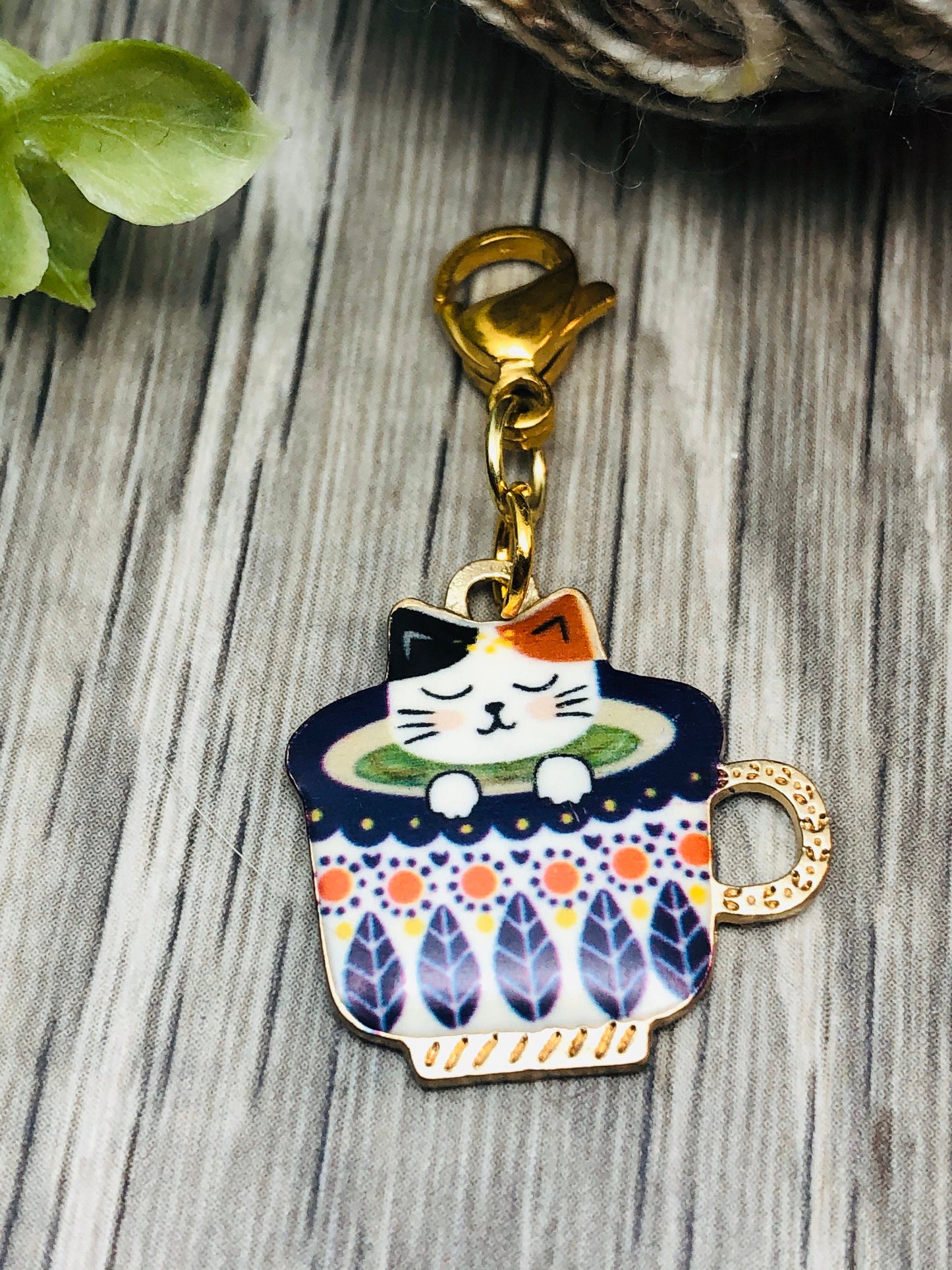 Enamel Cat Teacup Charm, Progress Keeper, Knitting Crochet Accessory