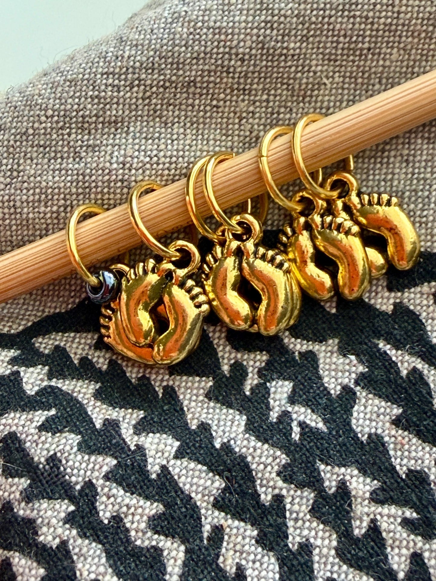 Gold Baby Feet Stitch Markers, Snag Free Knitting Notions, Set of 6