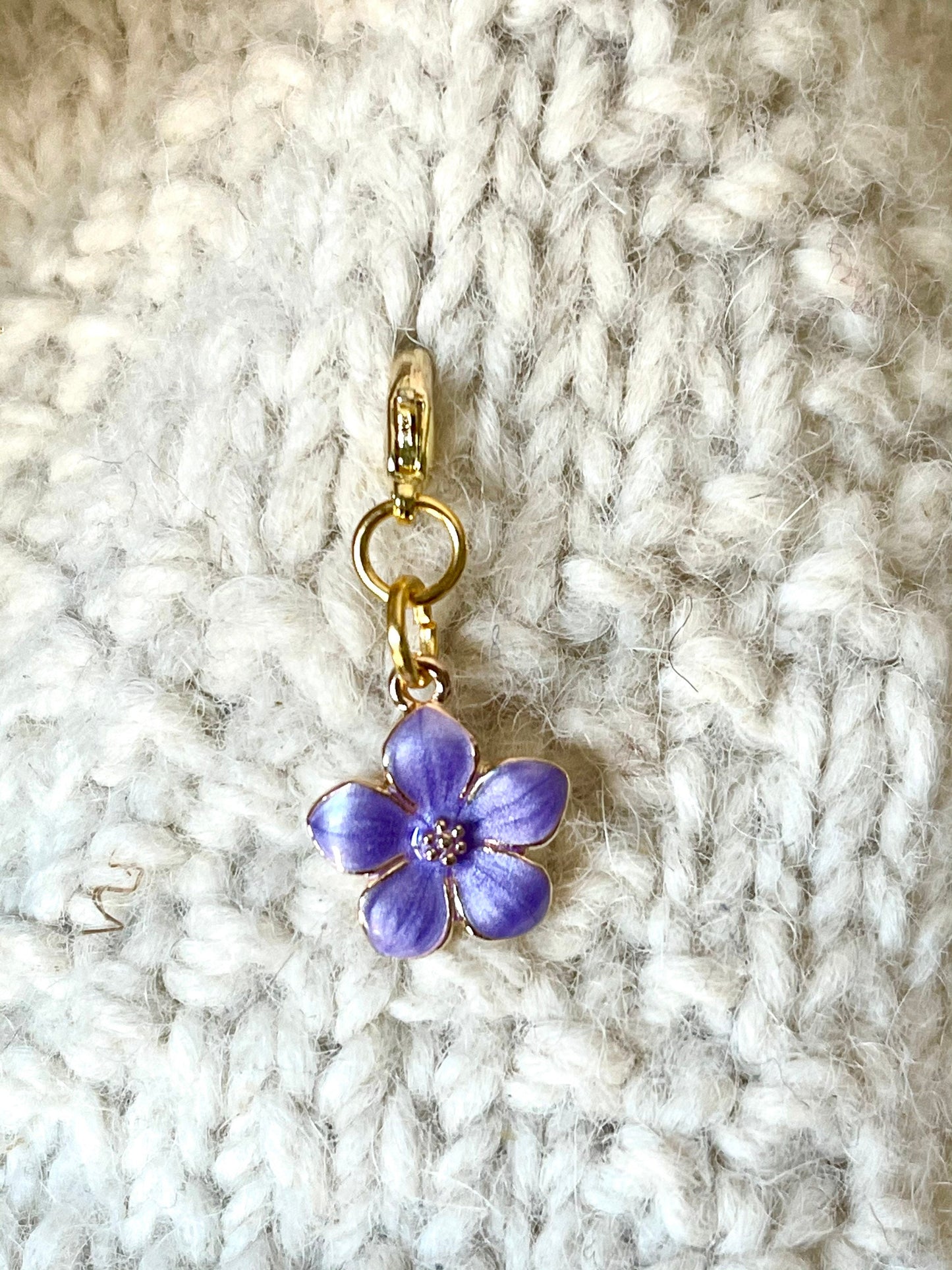 Purple Enamel Flower Stitch Marker, Gold Clasp, Knit Accessory