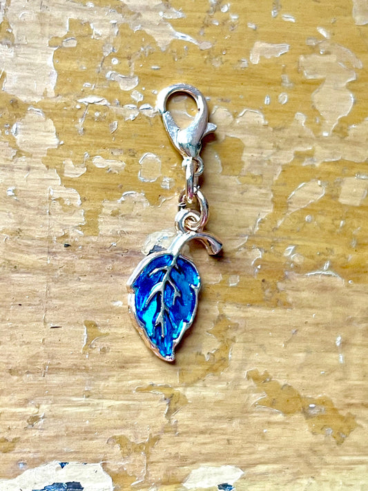 Blue Leaf Progress Marker, Gold Clasp, Knitting Crochet Gift