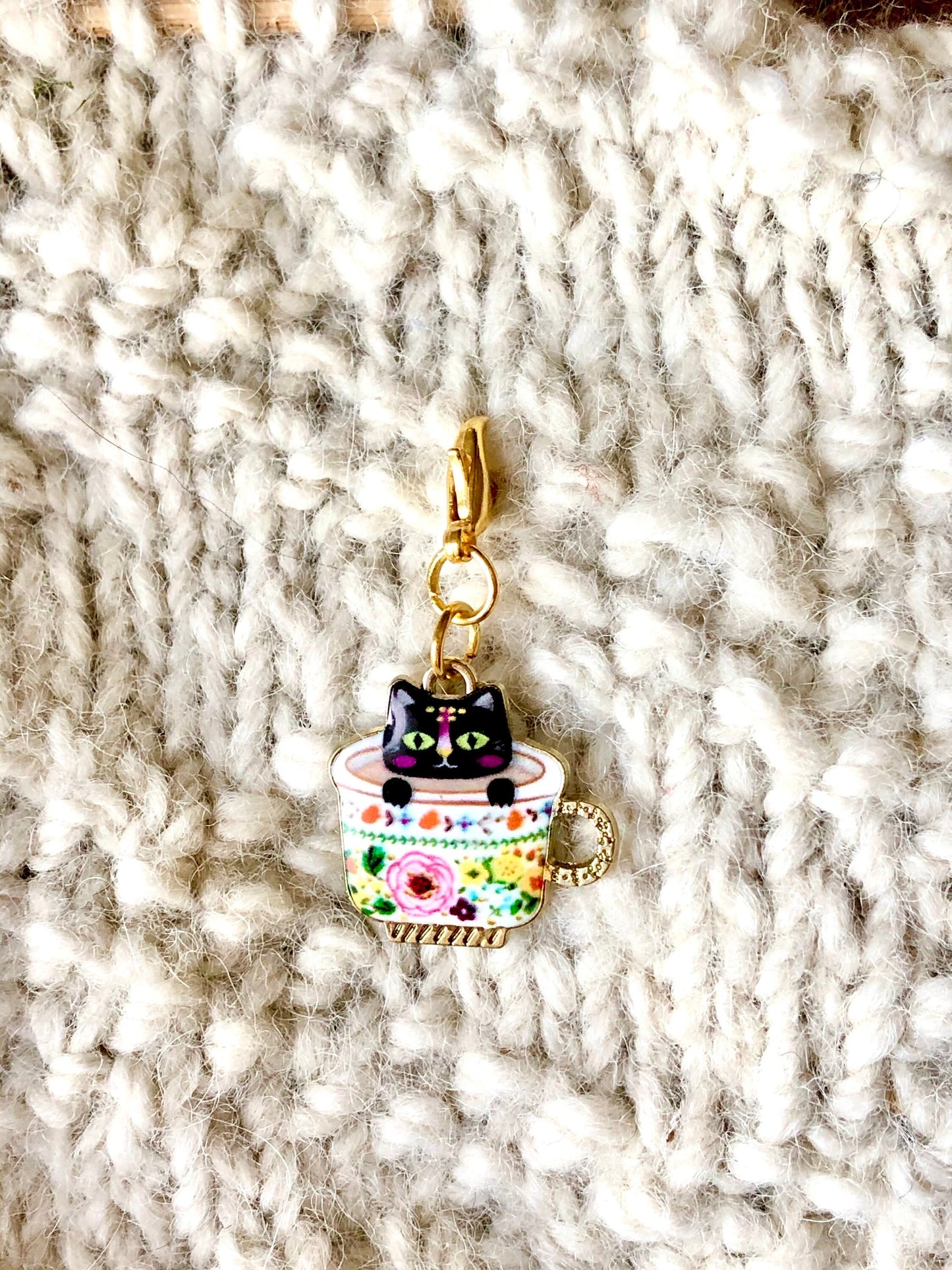 Black Cat Teacup Charm, Knitting Progress Keeper, Zipper Pull