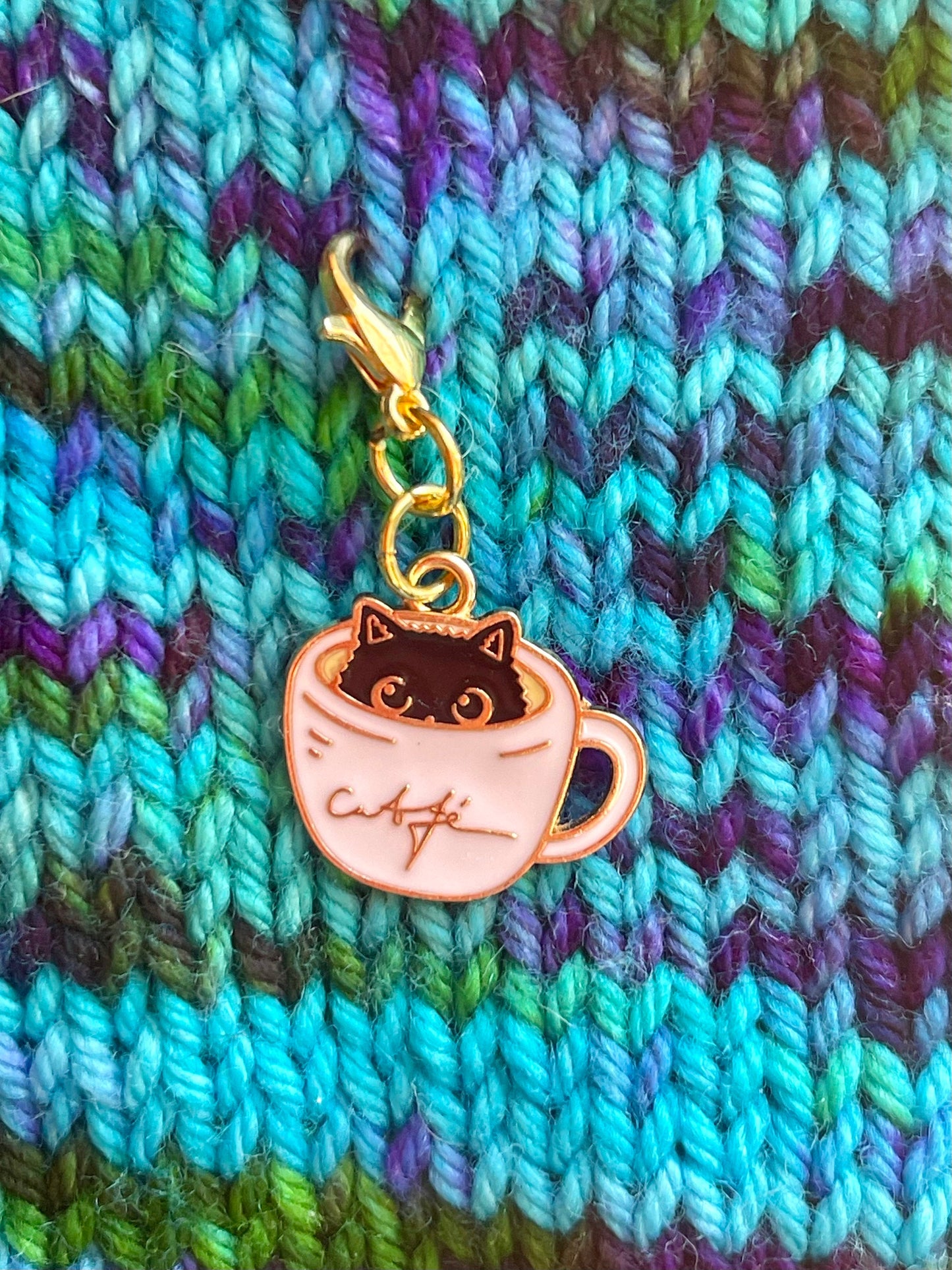 Cat Coffee Mug Zipper Pull, Knitting Crochet Stitch Marker