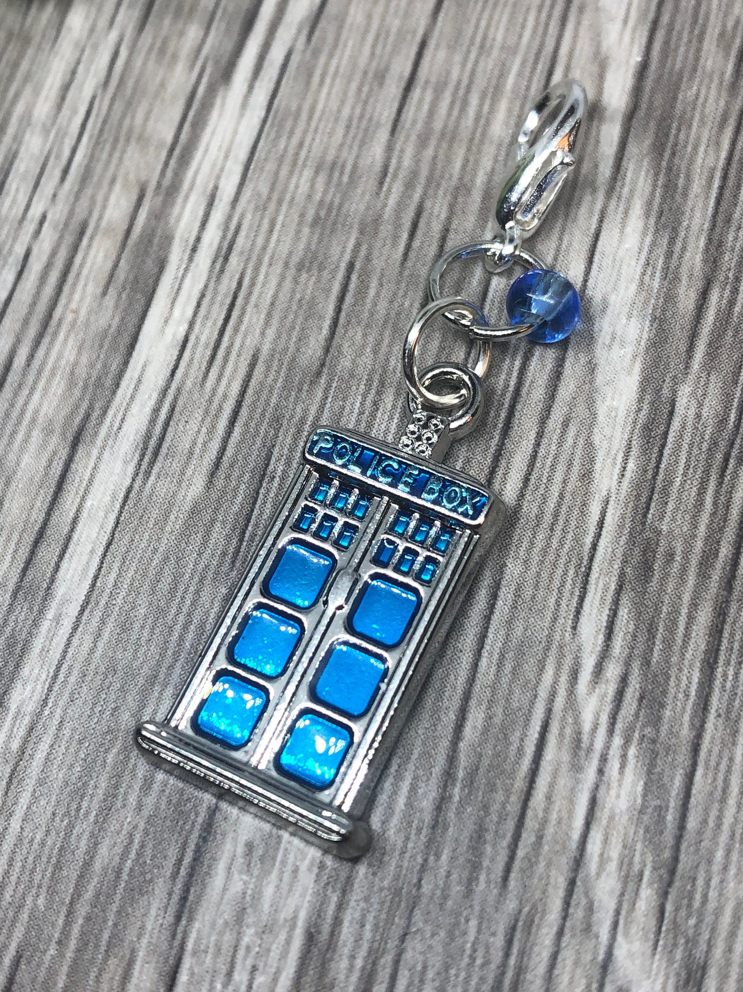 Dr Who Tardis Knitting Progress Keeper, Silver Lobster Clasp