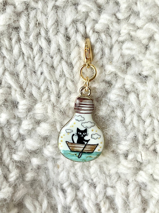 Cat on Row Boat Zipper Pull, Stitch Marker