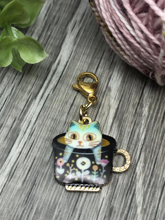 Cat in Teacup Progress Keeper, Knitting Crochet Stitch Marker