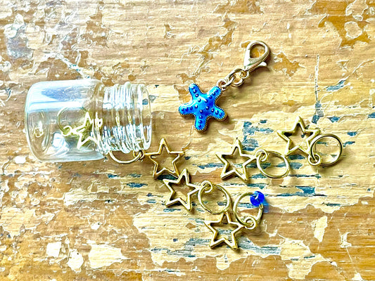 Gold Star Stitch Markers with Blue Star Progress Keeper