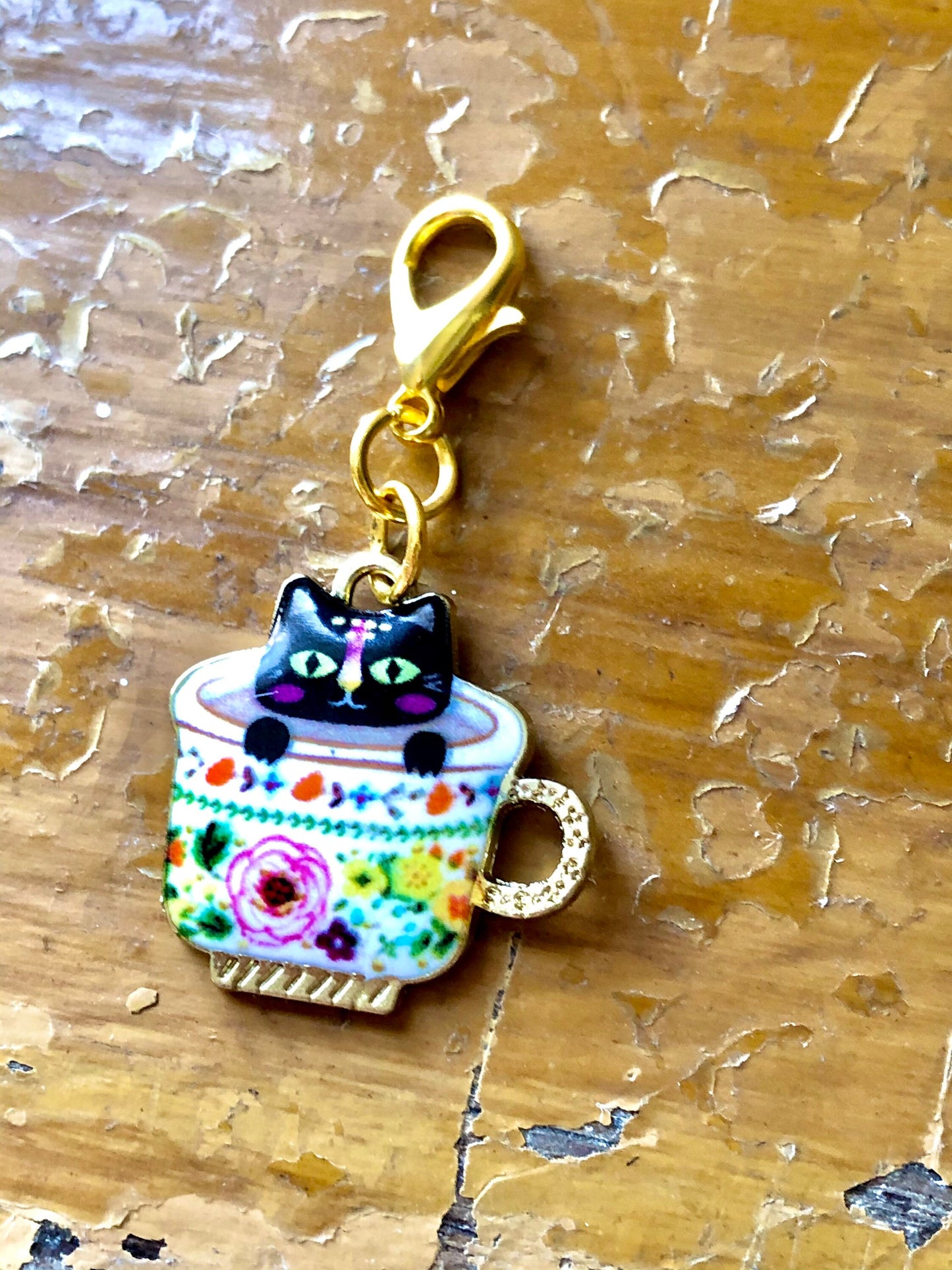 Black Cat Teacup Charm, Knitting Progress Keeper, Zipper Pull