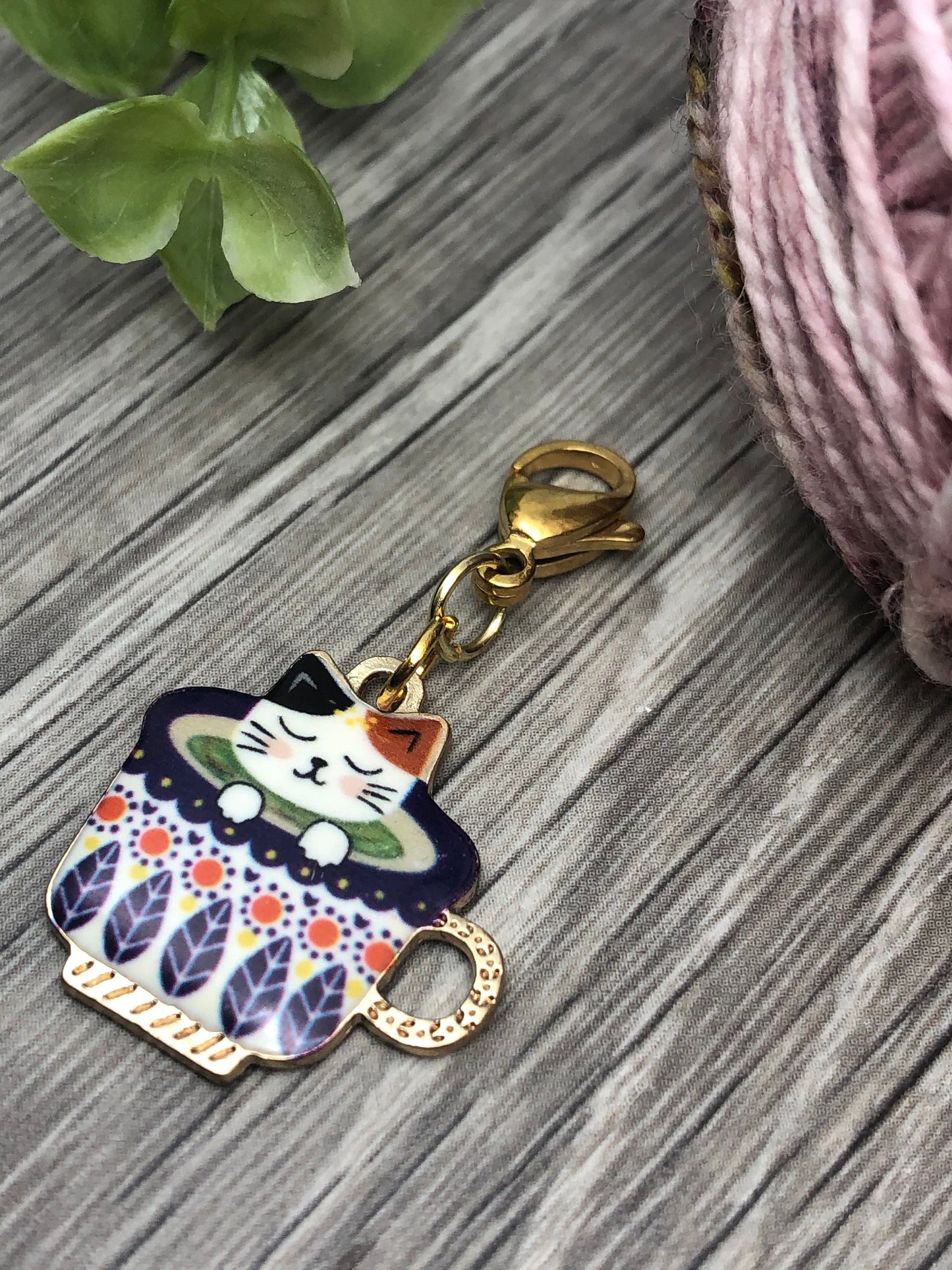 Enamel Cat Teacup Charm, Progress Keeper, Knitting Crochet Accessory