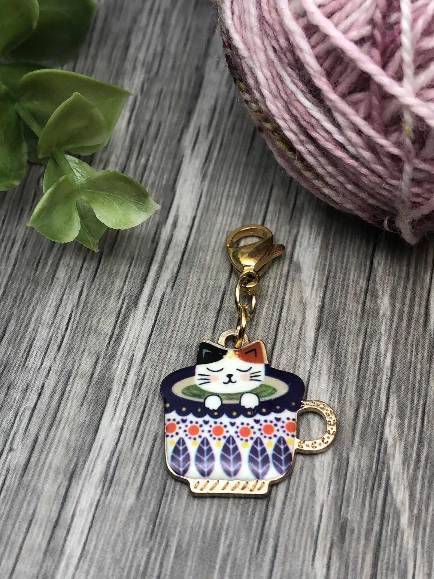 Enamel Cat Teacup Charm, Progress Keeper, Knitting Crochet Accessory