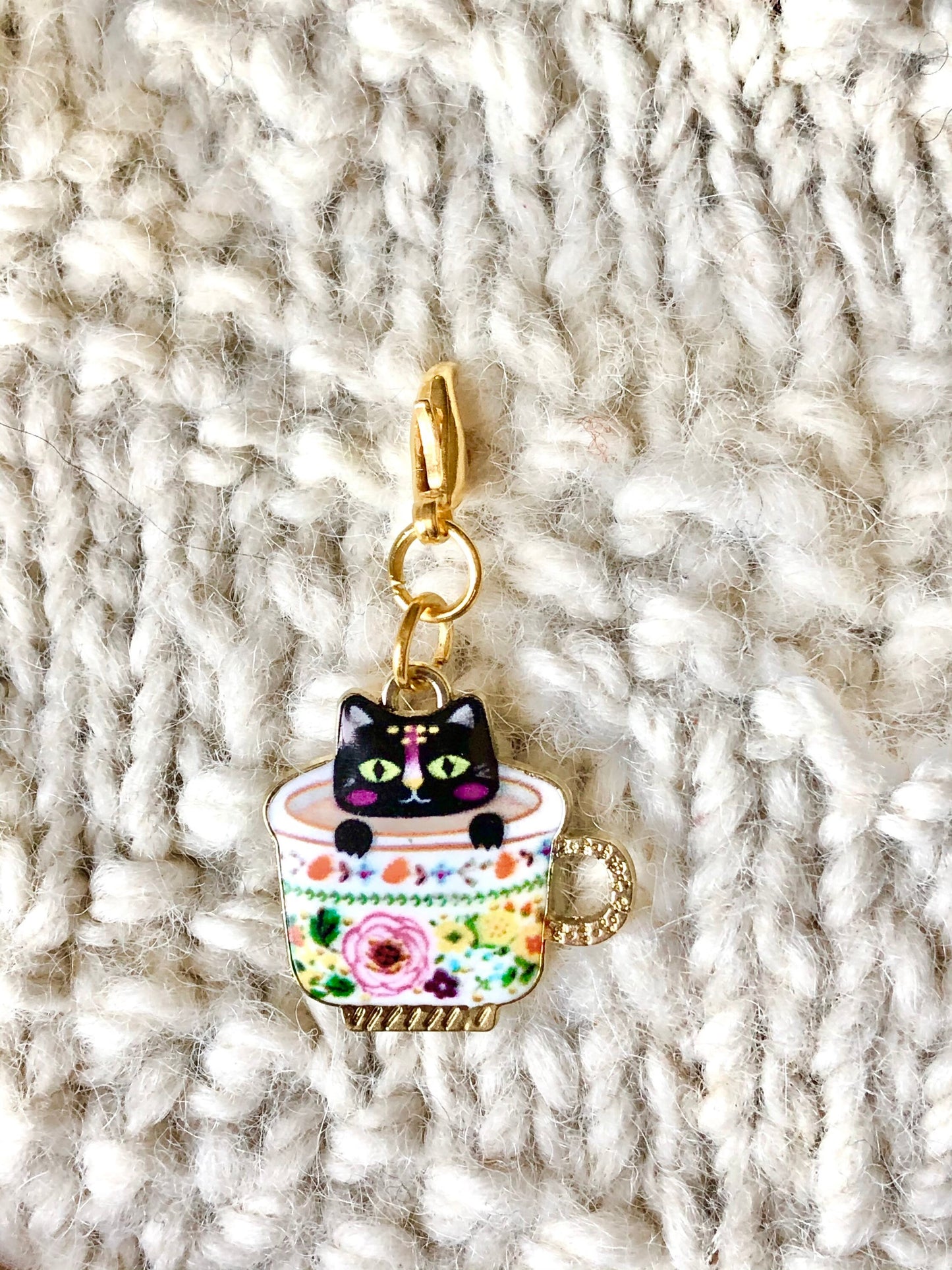 Black Cat Teacup Charm, Knitting Progress Keeper, Zipper Pull