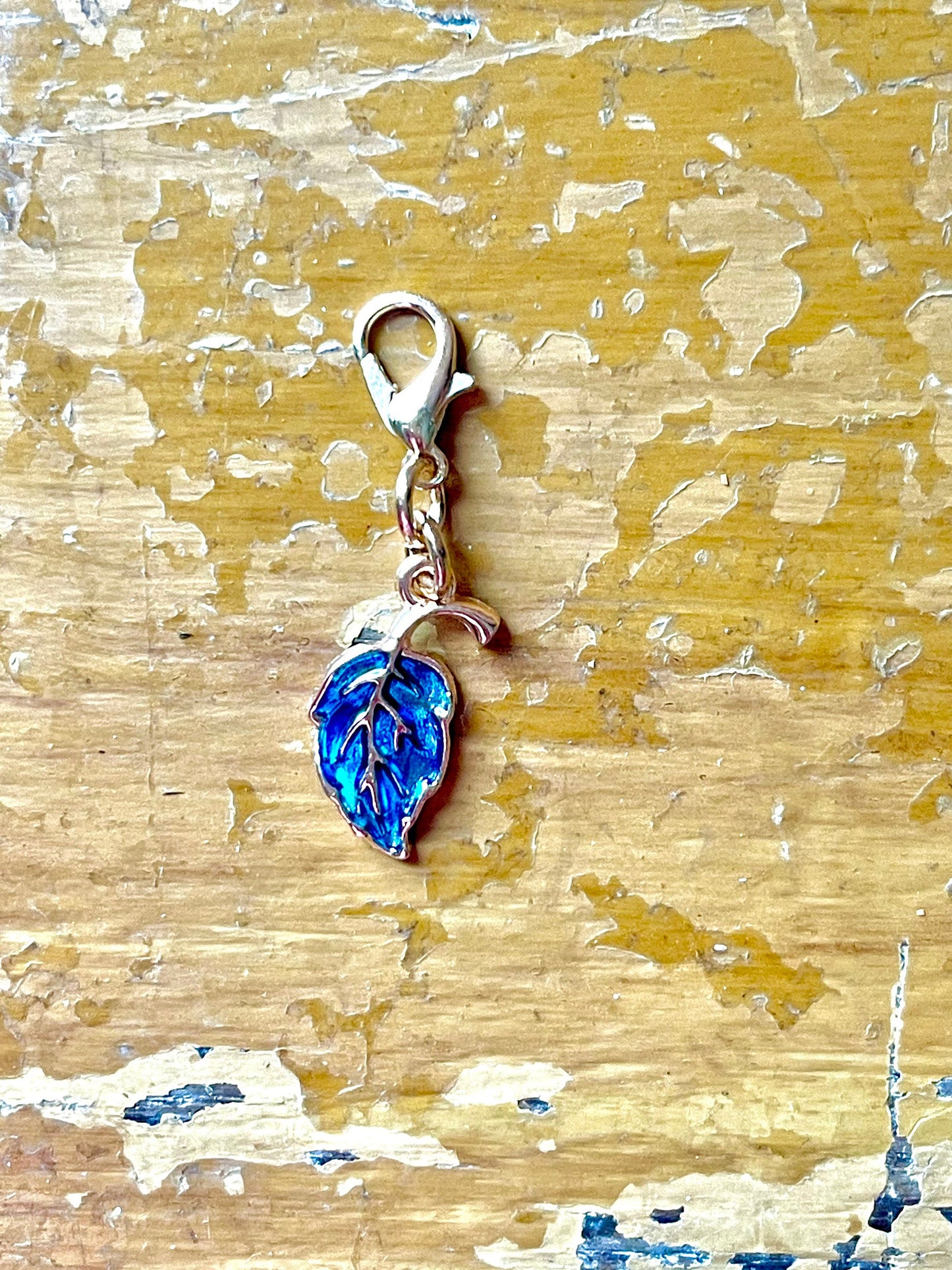 Blue Leaf Progress Marker, Gold Clasp, Knitting Crochet Gift