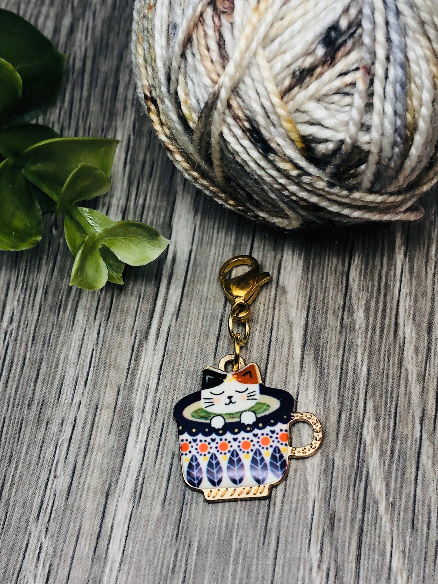 Enamel Cat Teacup Charm, Progress Keeper, Knitting Crochet Accessory