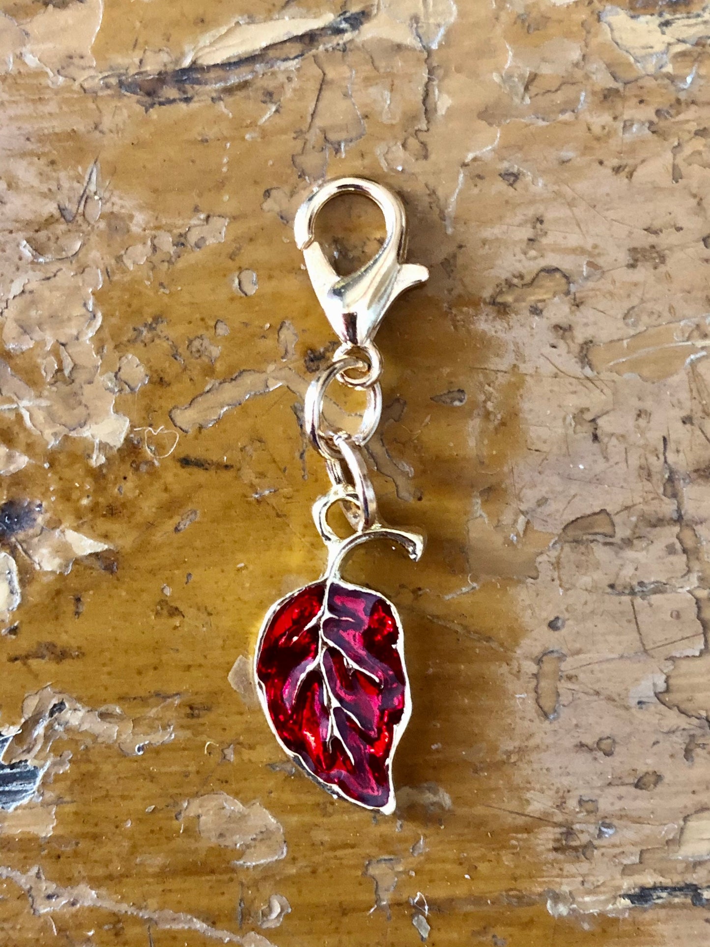 Red Fall Leaf Progress Marker, Gold Clasp, Knitting Crochet Gift