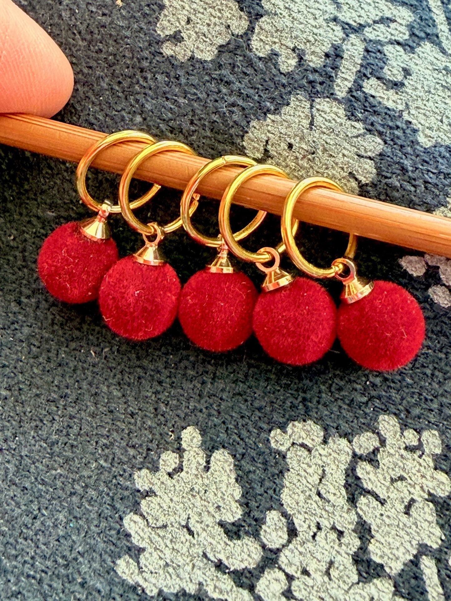 Velvet Red Puff Stitch Markers, Snag Free Knitting Accessories, Set of 6