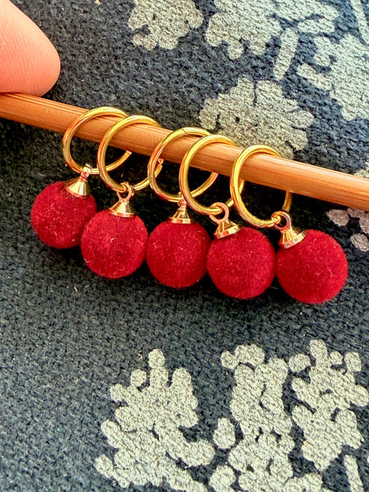 Velvet Red Puff Stitch Markers, Snag Free Knitting Accessories, Set of 6
