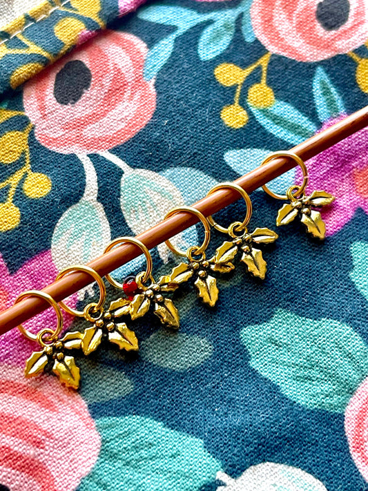 Gold Holly Leaf Knitting Stitch Markers, Christmas Knits, Set of 6