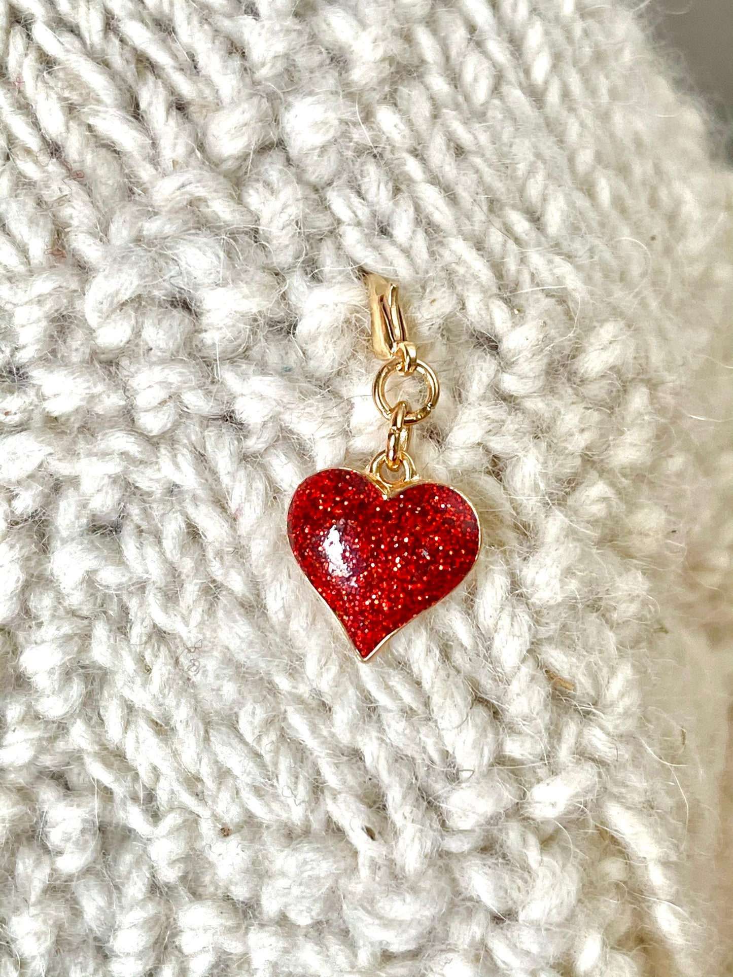 Red Glitter Heart Progress Keeper, Zipper Pull Charm, Knitting Crochet Gift