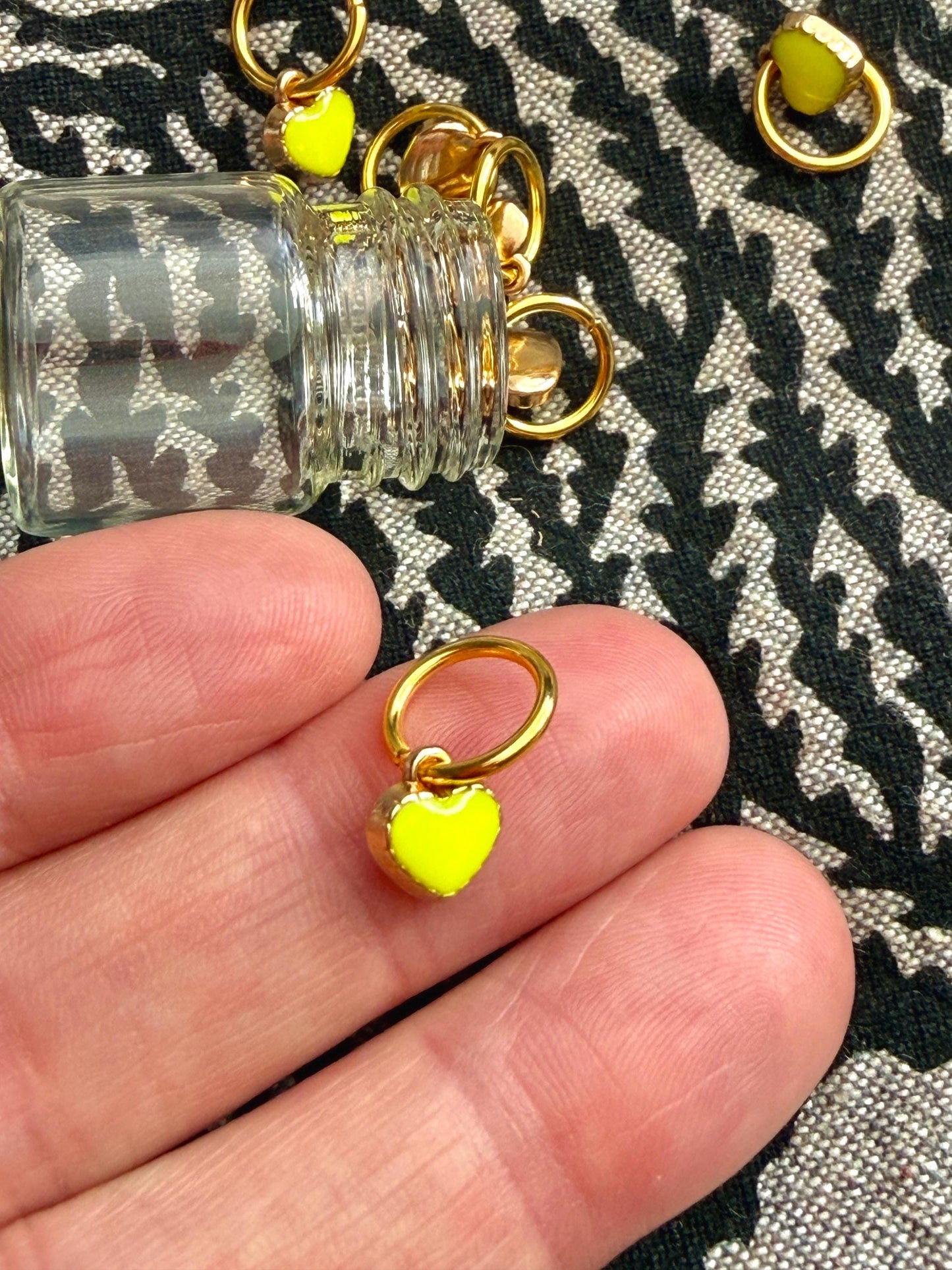 Neon Yellow Heart Stitch Markers, Snagfree Knitting Rings in Glass Bottle