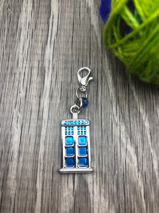 Dr Who Tardis Knitting Progress Keeper, Silver Lobster Clasp