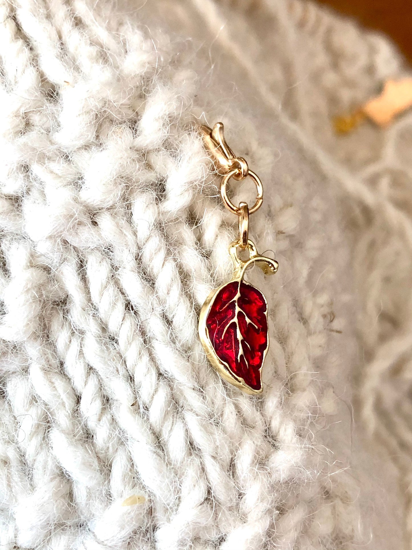 Red Fall Leaf Progress Marker, Gold Clasp, Knitting Crochet Gift