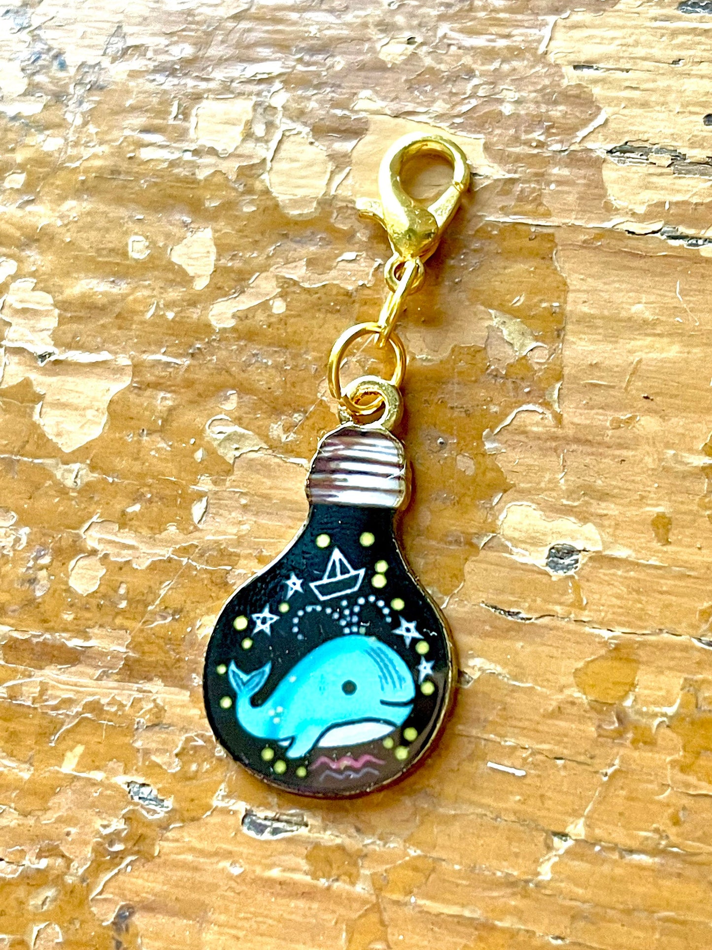 Blue Whale Lightbulb Charm, Zipper Pull, Knitting Stitch Marker