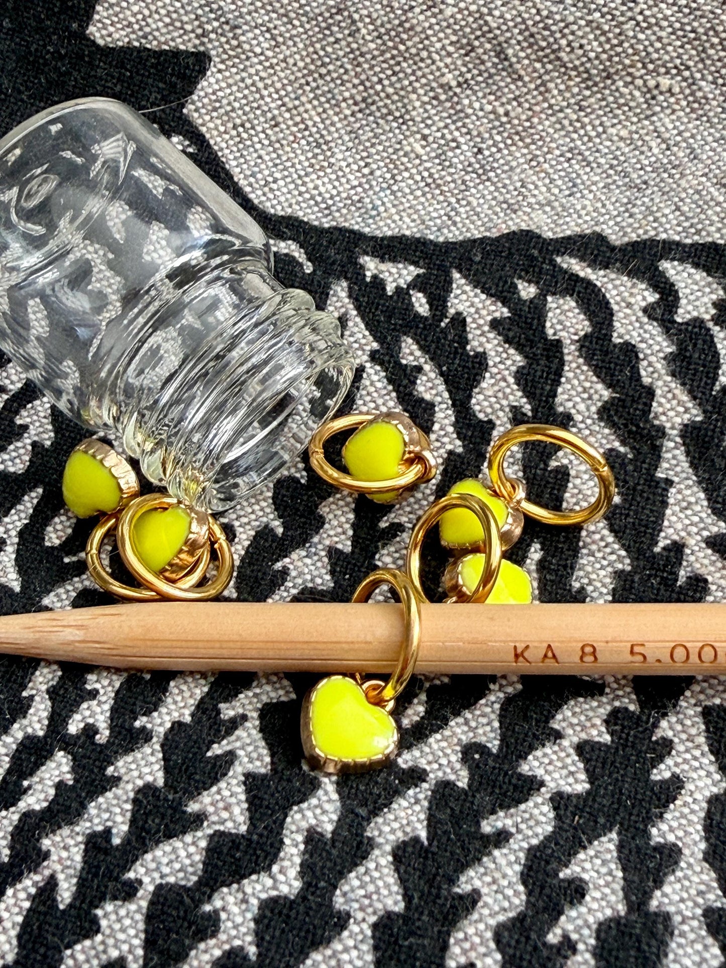 Neon Yellow Heart Stitch Markers, Snagfree Knitting Rings in Glass Bottle