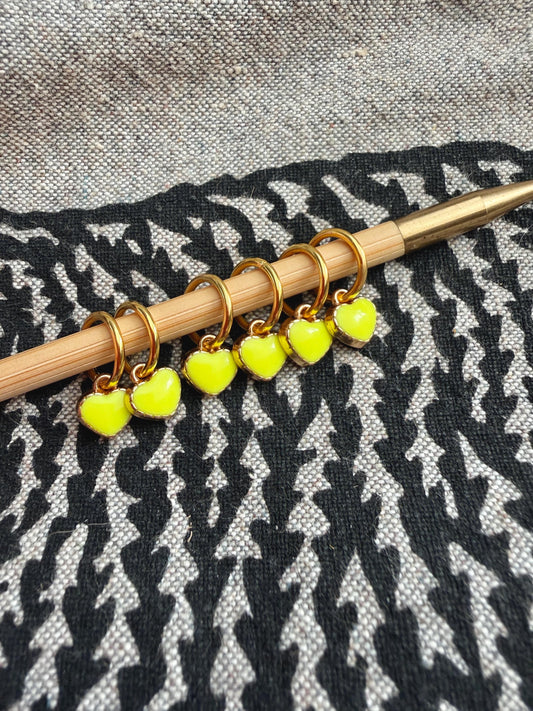 Neon Yellow Heart Stitch Markers, Snagfree Knitting Rings in Glass Bottle