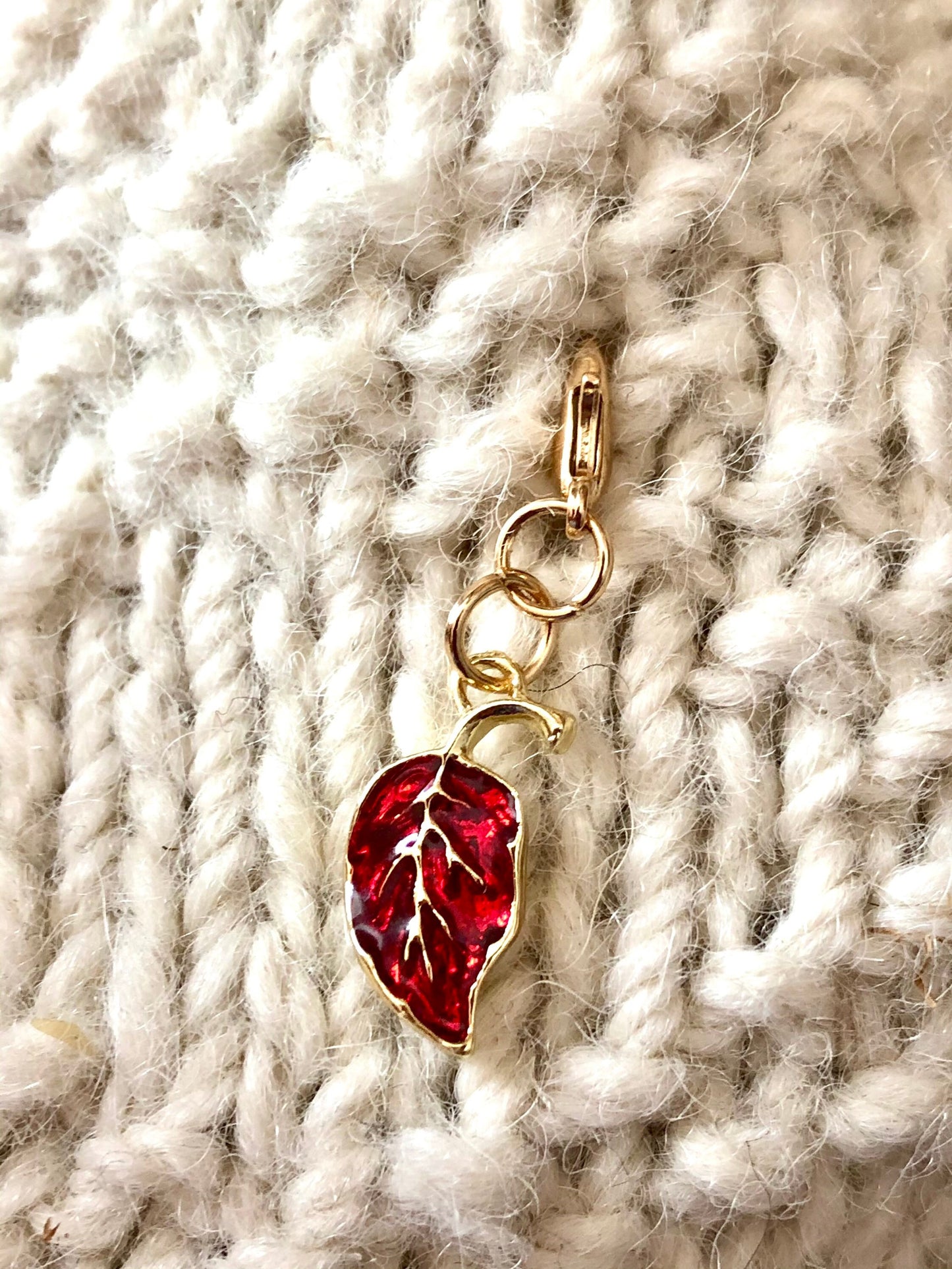 Red Fall Leaf Progress Marker, Gold Clasp, Knitting Crochet Gift