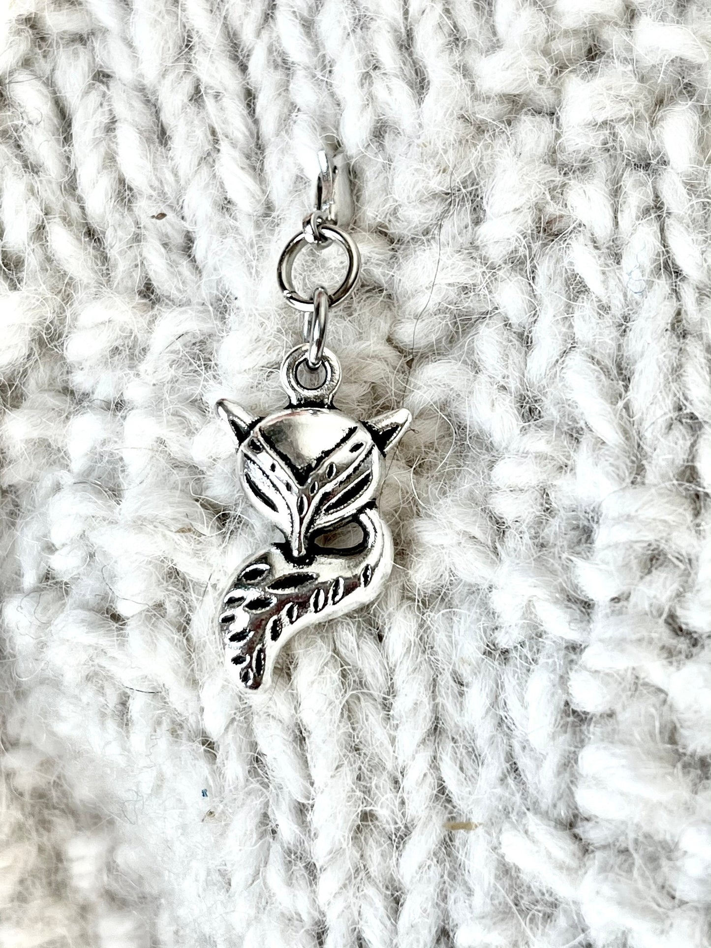 Silver Fox Charm, Zipper Pull, Knitting Progress Keeper
