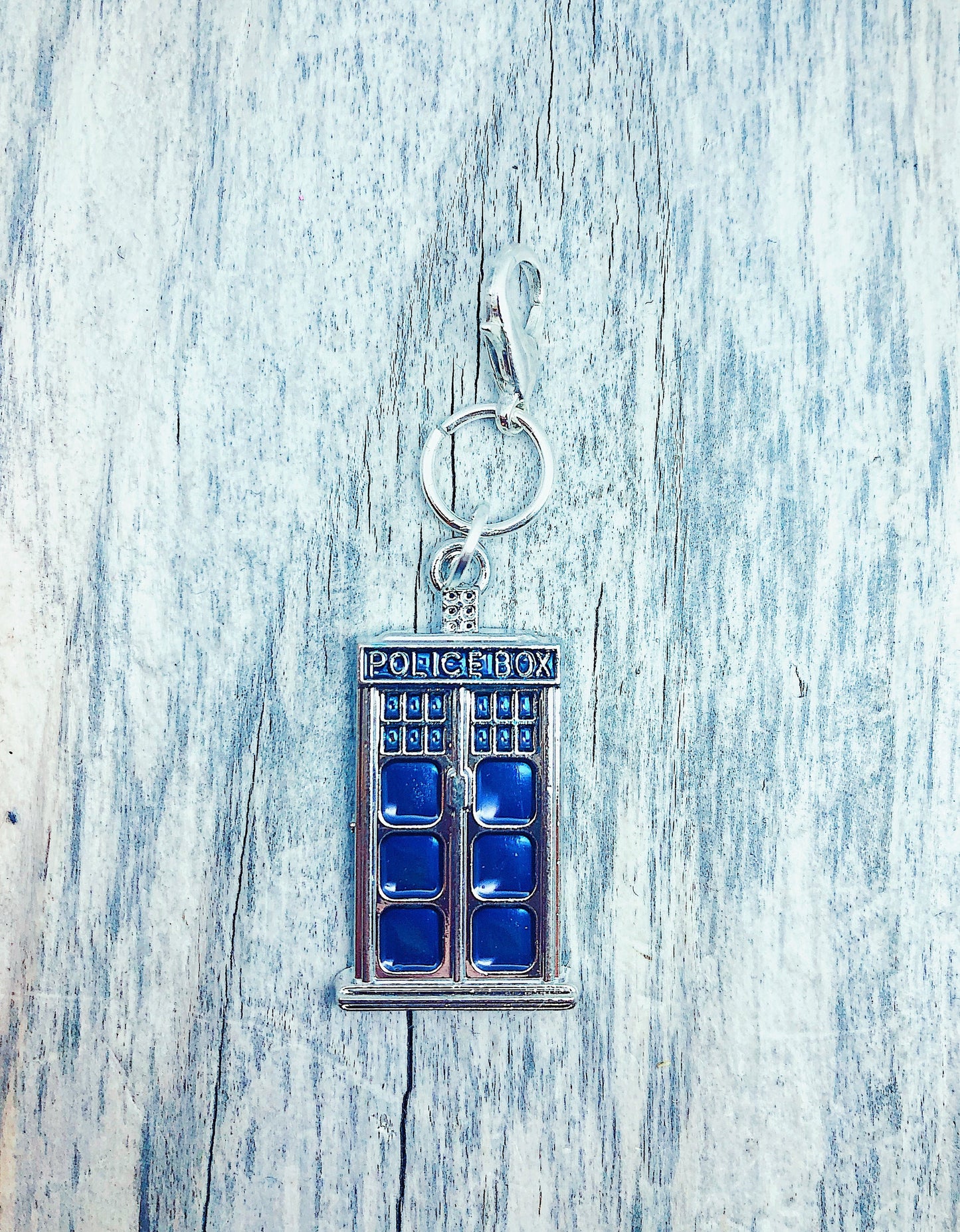 Dr Who Tardis Knitting Progress Keeper, Silver Lobster Clasp