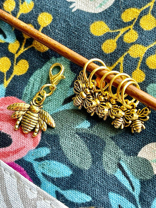 Gold Honeybee Stitch Markers with Progress Keeper, Knitting Notions