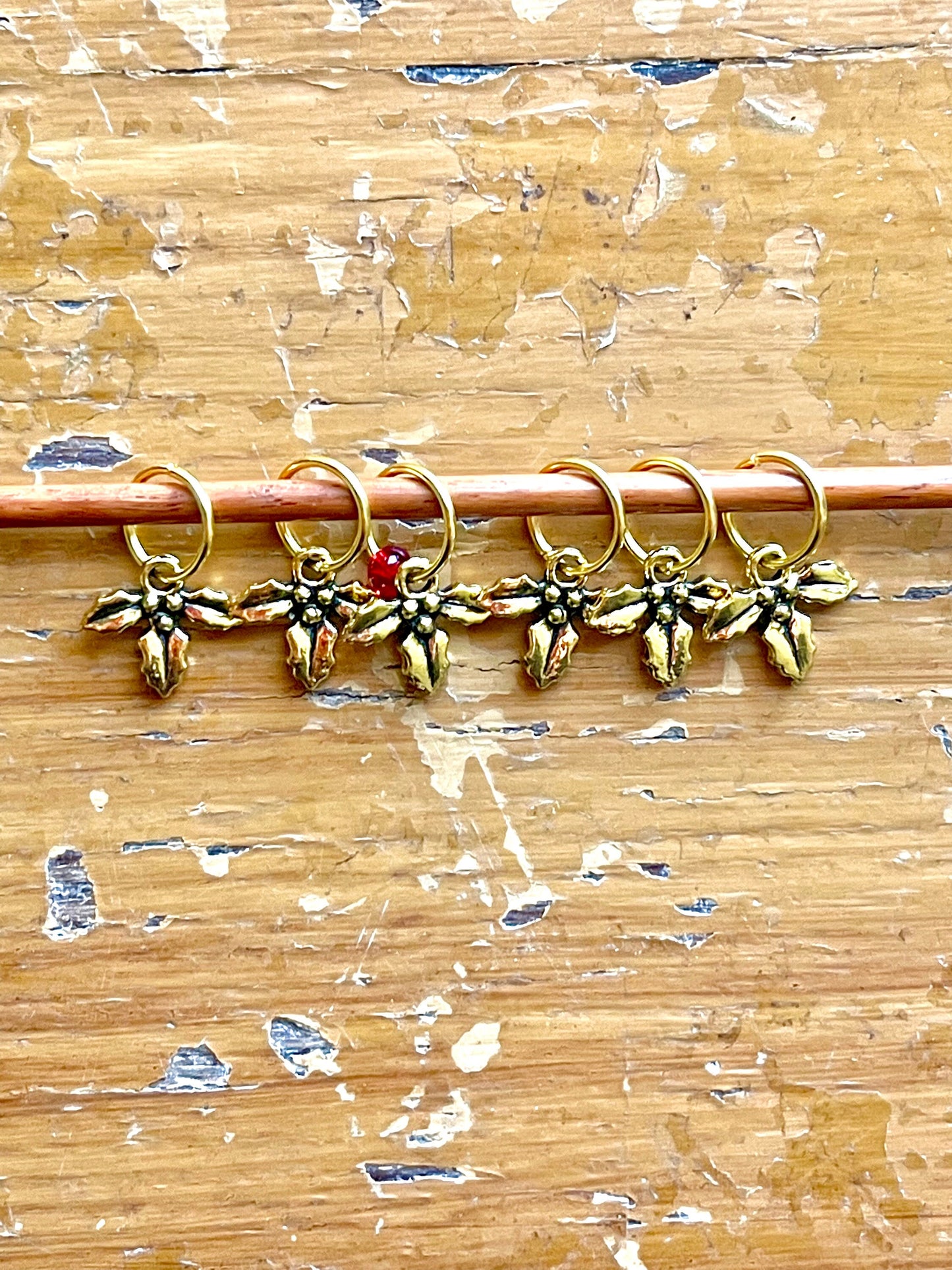 Gold Holly Leaf Knitting Stitch Markers, Christmas Knits, Set of 6