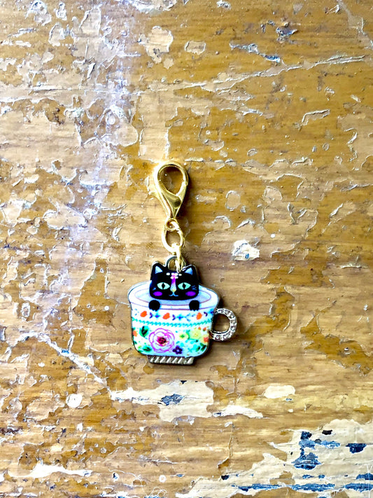 Black Cat Teacup Charm, Knitting Progress Keeper, Zipper Pull
