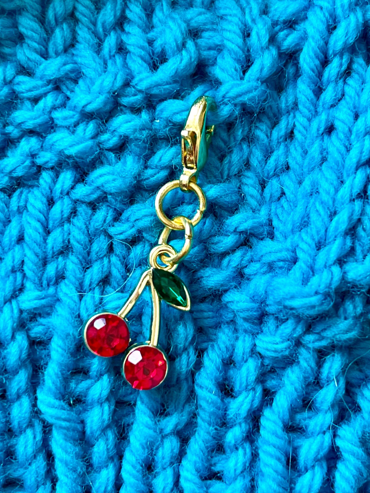Dangling Cherries Knitting Progress Marker, Zipper Pull