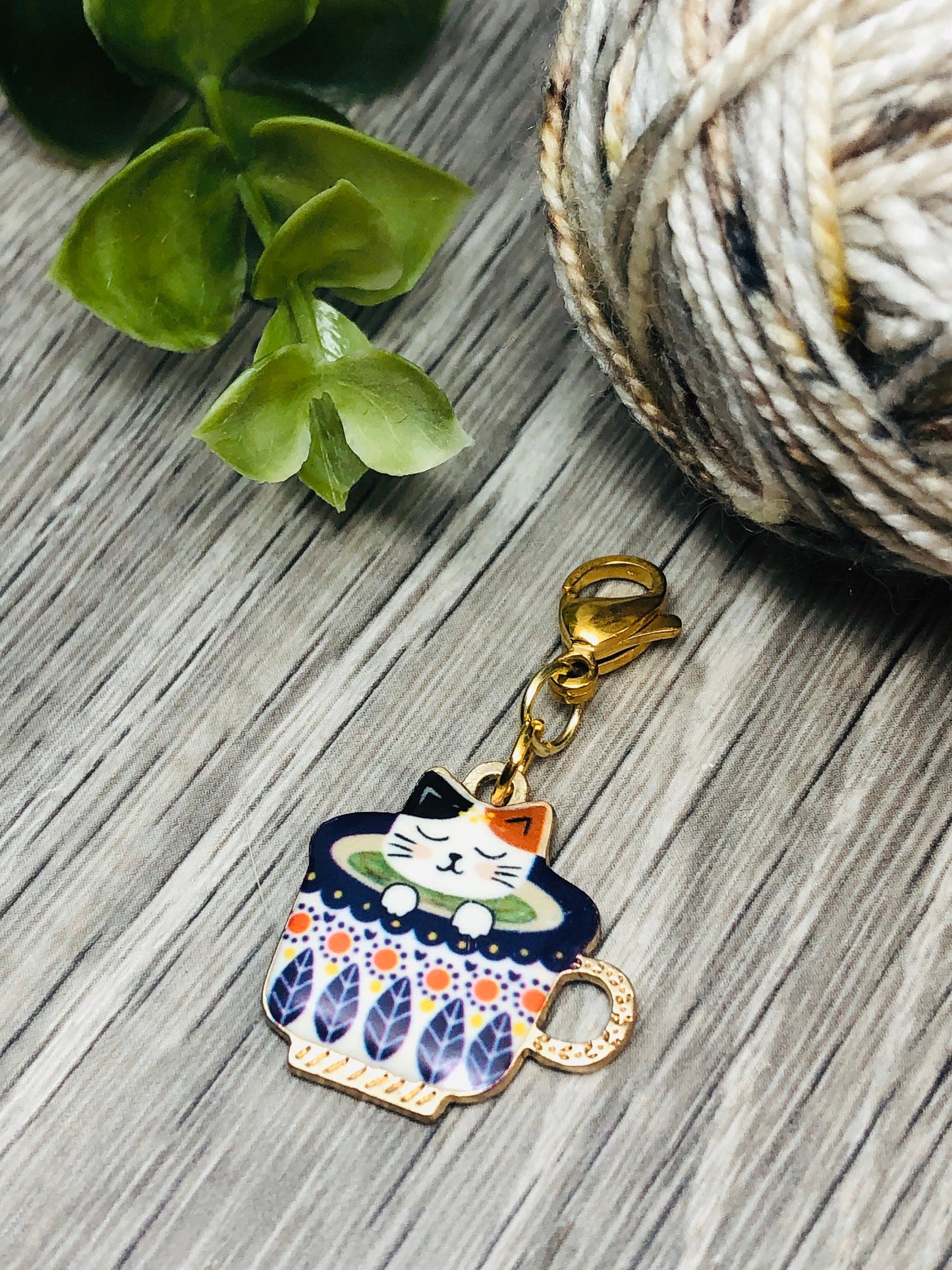 Enamel Cat Teacup Charm, Progress Keeper, Knitting Crochet Accessory