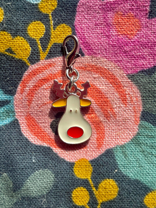 Reindeer Enamel Charm, Rudolph Zipper Pull, Knitting Crochet Progress Keeper