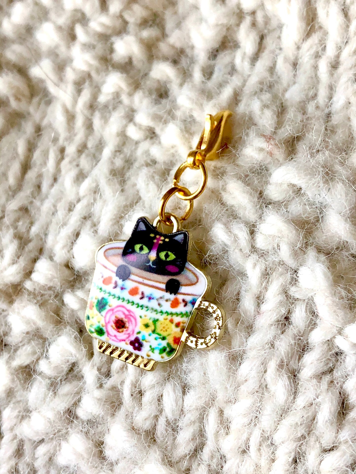 Black Cat Teacup Charm, Knitting Progress Keeper, Zipper Pull